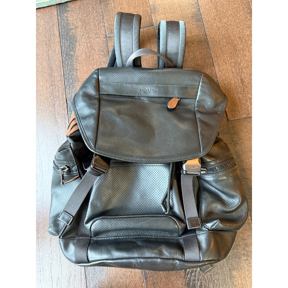 Coach Terrain Trek Backpack Large Black Perforated Leather Excellent F57477 Men